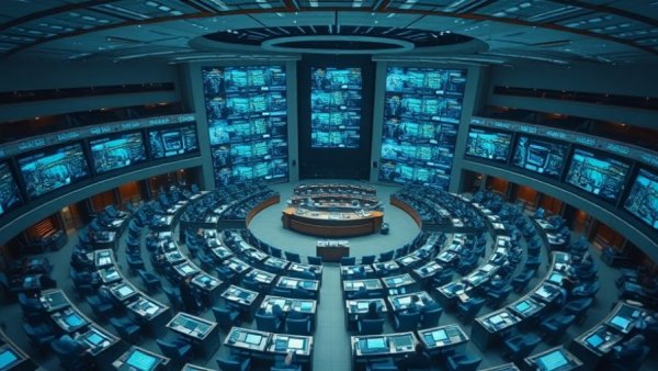 AI swarms in a democratic assembly hall, discussing policy and data displays.