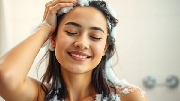 Relaxed woman enjoying shampoo foam, winter hair care