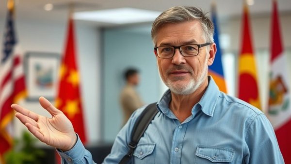 Casual pose of man in office with flags, misuse of social security data.