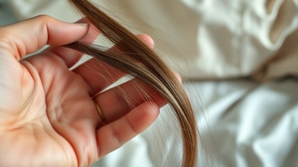 Hand holding hair strands on pillowcase suggesting hair fall.