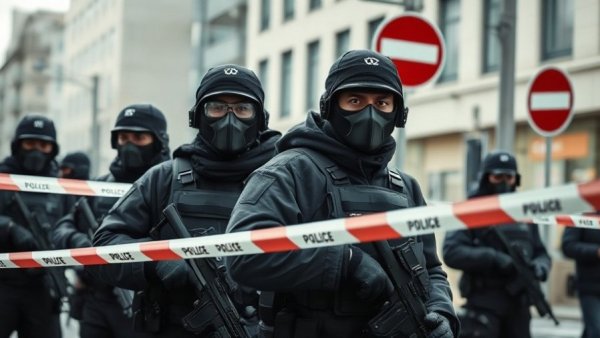 Armed officers in tactical gear stand behind police tape in urban cold