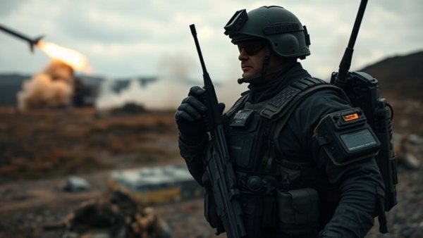 Soldier observing missile launch in battlefield, low light.