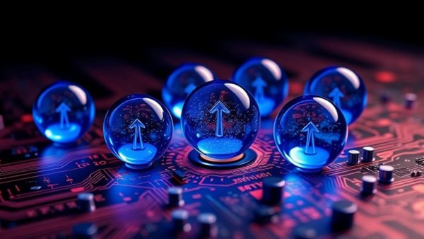 Futuristic quantum computing qubits on a circuit board