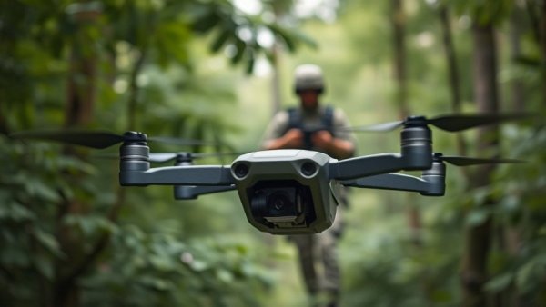 FPV drone in military operations, flying in forest, camouflage setting.