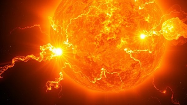 Dynamic fiery sun with solar flares and magnetic avalanches.