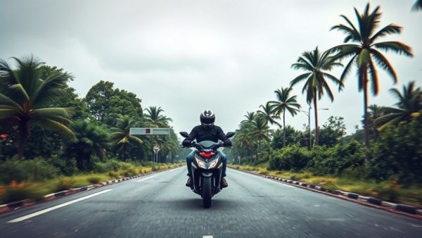 Distorted scene with motorcyclist in Southeast Asian landscape, glitch effects.