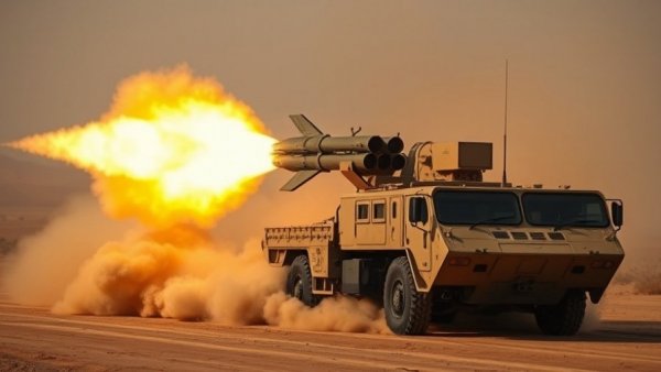 Military vehicle launching missile for quantum computing in missile defense.