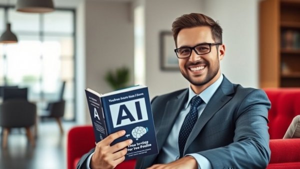 Man holding AI book in office, smiling, promoting AI safety and quality assurance.