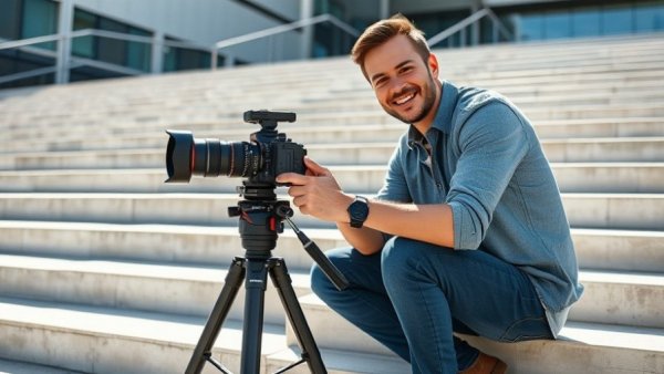 Smiling man with camera on steps, capturing consumer technology.