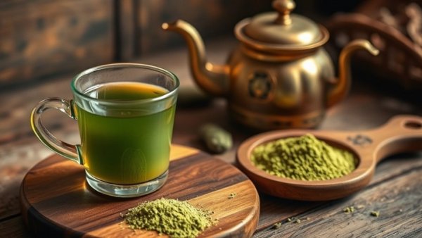 Green tea and moringa powder in rustic tea setting.