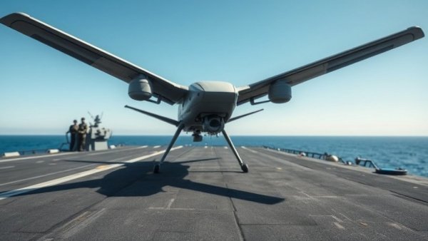 Military drone on aircraft carrier deck as crew observes, illustrating how drones are changing aircraft carriers.