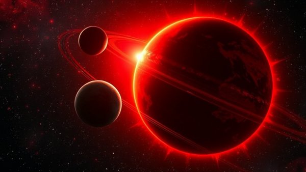 Dramatic celestial view of planets orbiting a red star, search for alien life.