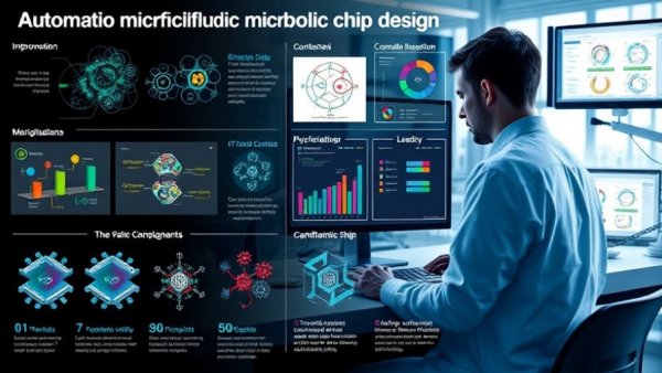 Infographic on automating microfluidic chip design with charts and diagrams.