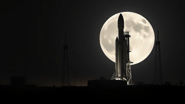 Artistic silhouette of rocket with full moon in background during Artemis II Moon Mission launch.