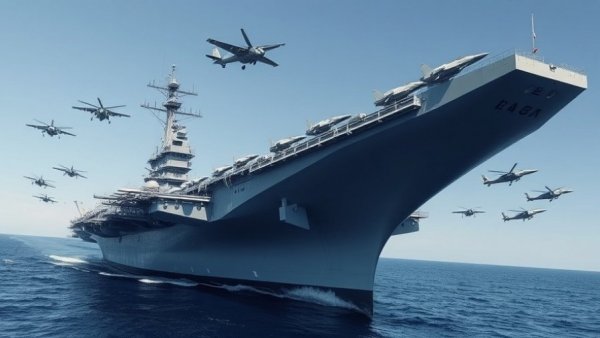 Aerospace defense: aircraft carrier surrounded by jets and helicopters.