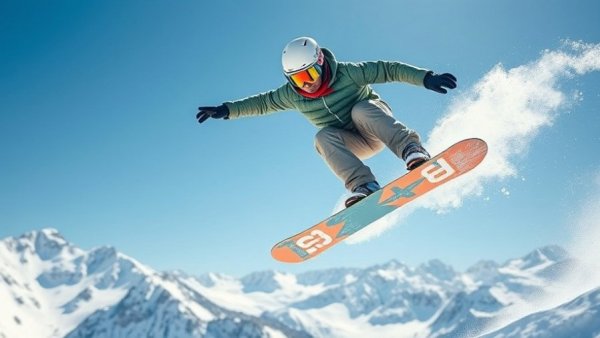 Snowboarder mid-air trick under clear sky, AI Olympic Judging concept.