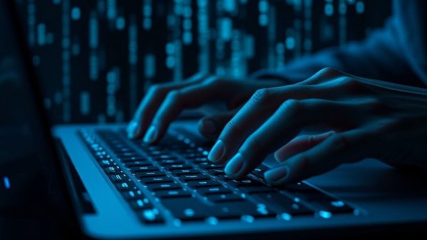 Hands typing with binary code overlay, Notepad++ cyber attack theme.