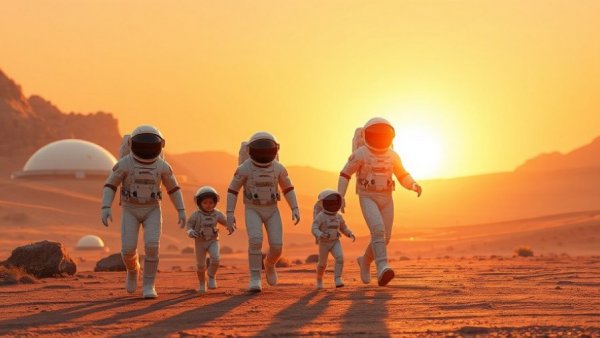 Astronaut family on Mars exploring futuristic habitats in sunset.