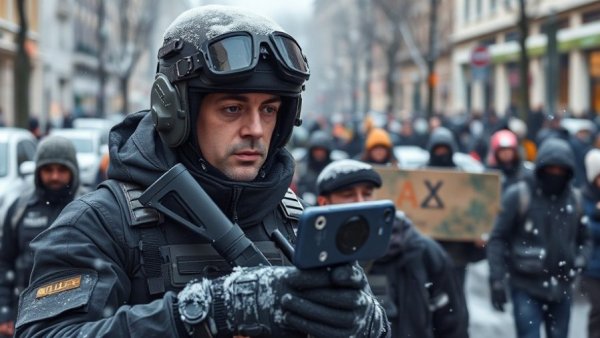 Police officer using smartphone in snowy area, ICE Mobile Fortify face-recognition app context.