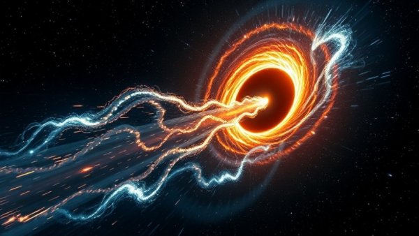 Supermassive black hole jet energy output in space, luminous jets swirling.