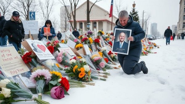 Snow-covered memorial with person placing tributes, Renee Good shooting.