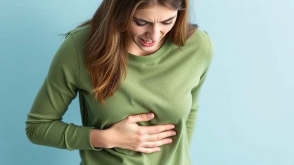 Woman expressing slow digestion in winter discomfort.