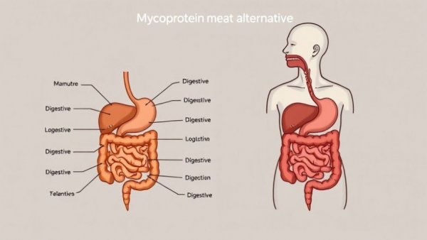 Illustration of mycoprotein as an alternative to meat, digestive system diagram.