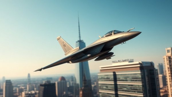 Sleek fighter jet flyover near modern city architecture.