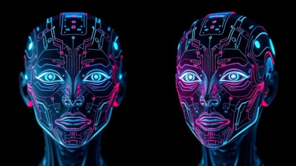 Futuristic digital faces representing AI and human intelligence.