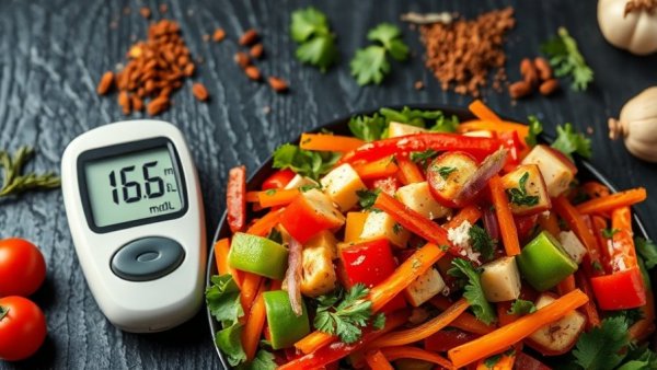 Healthy meal with glucometer for diabetes diet tips.