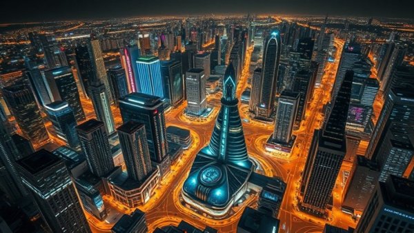 AI energy integration in a futuristic illuminated cityscape at night.