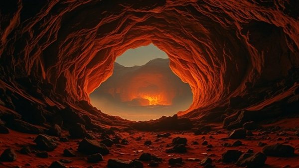 Surreal subsurface lava tube on Venus with glowing interior.