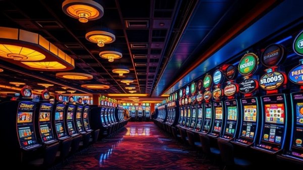 AI impact on casino jobs: glowing slot machines on a dimly lit floor.