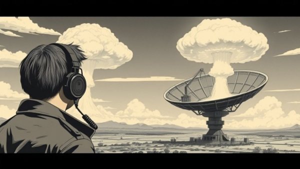 AI monitoring nuclear weapons treaties illustration with radar dish and explosion.