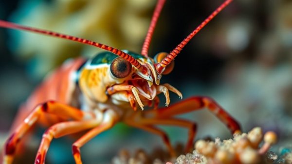Detailed close-up of snapping shrimp exploring marine environment.