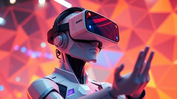Futuristic humanoid using VR headset in a digital environment, consumer technology.