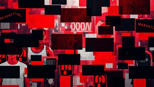 Abstract red collage representing crypto-funded human trafficking.