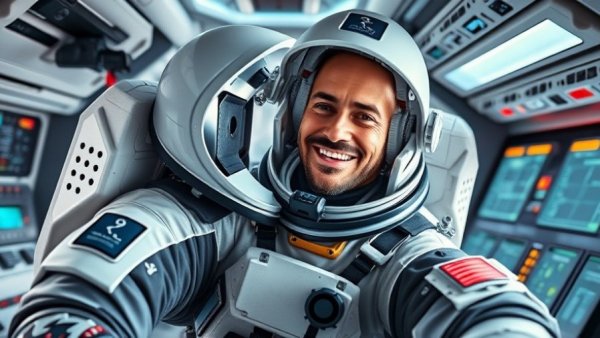 Astronaut smiling in spacesuit, being photographed in spacecraft
