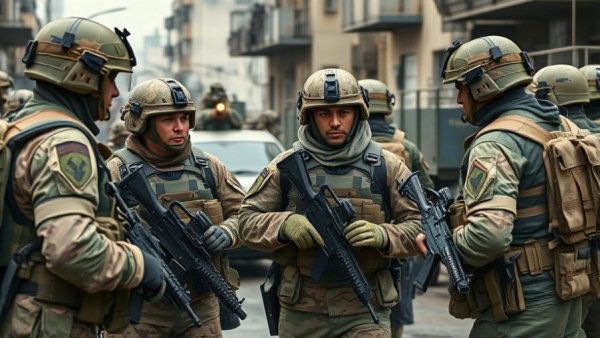 Soldiers near armored vehicles conducting battlefield communication during daylight.