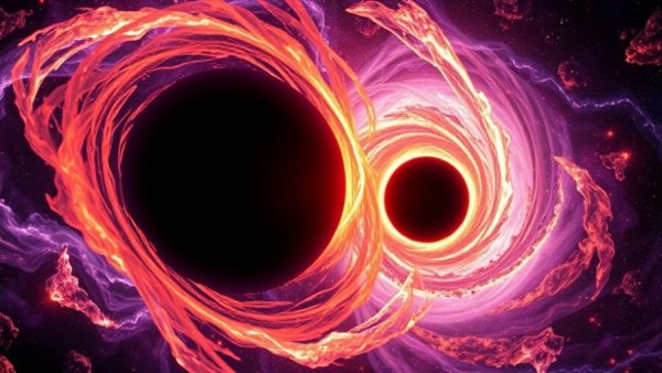 A vibrant image depicting merging supermassive black holes with swirling gases.