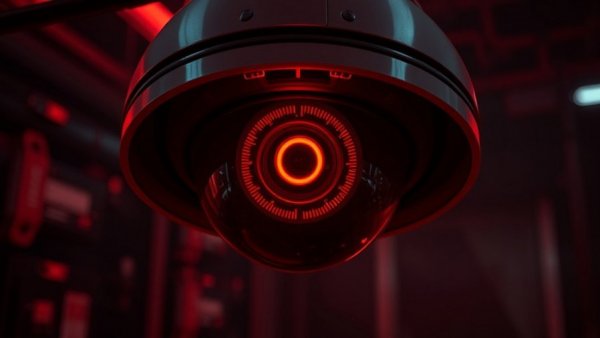 Surveillance technology symbolized by ominous red eye.