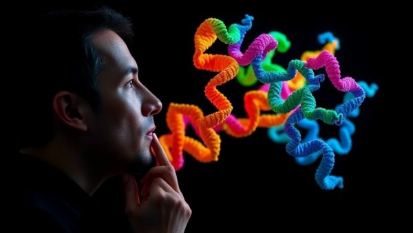 AI and protein structure prediction: color-coded protein model and thoughtful man.