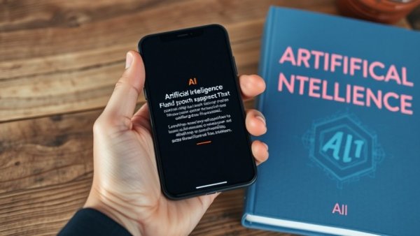 AI anxiety concept with smartphone and AI book on table.