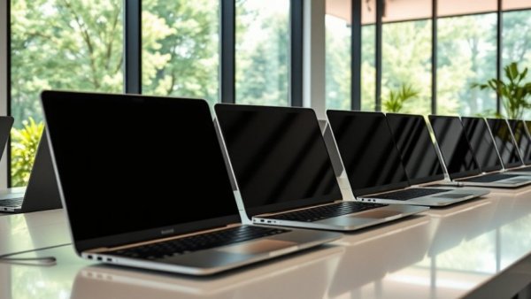Series of sleek laptops on display in bright showroom, affordable MacBook focus.