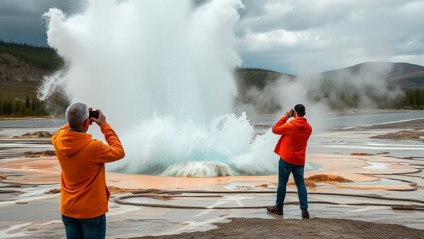 Cold-water geysers erupt with people observing the spray.