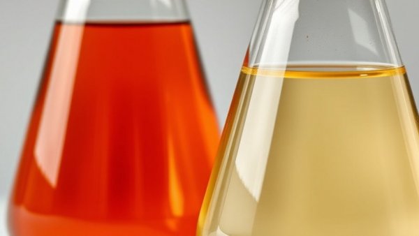 Chemicals in beakers illustrating rhododendron-derived drug production.
