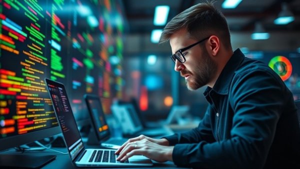 Man analyzing AI data on laptop in futuristic office.