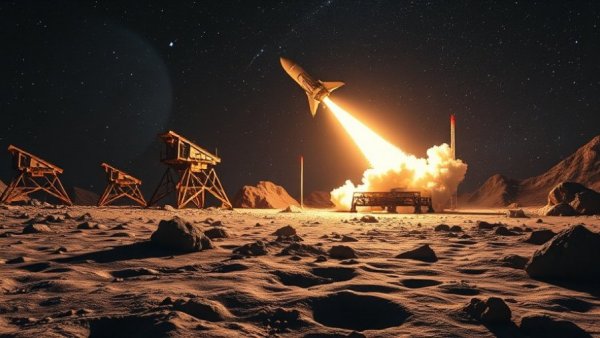 Futuristic lunar base launching satellite with moon's surface.