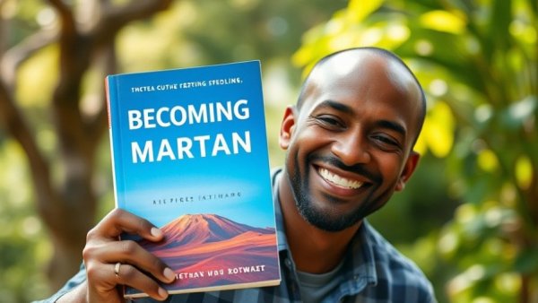 Man outdoors next to 'Becoming Martian' book cover, space colonization theme.