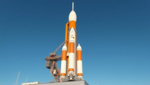 Towering orange and white rocket on launch pad representing NASA Artemis II delays.